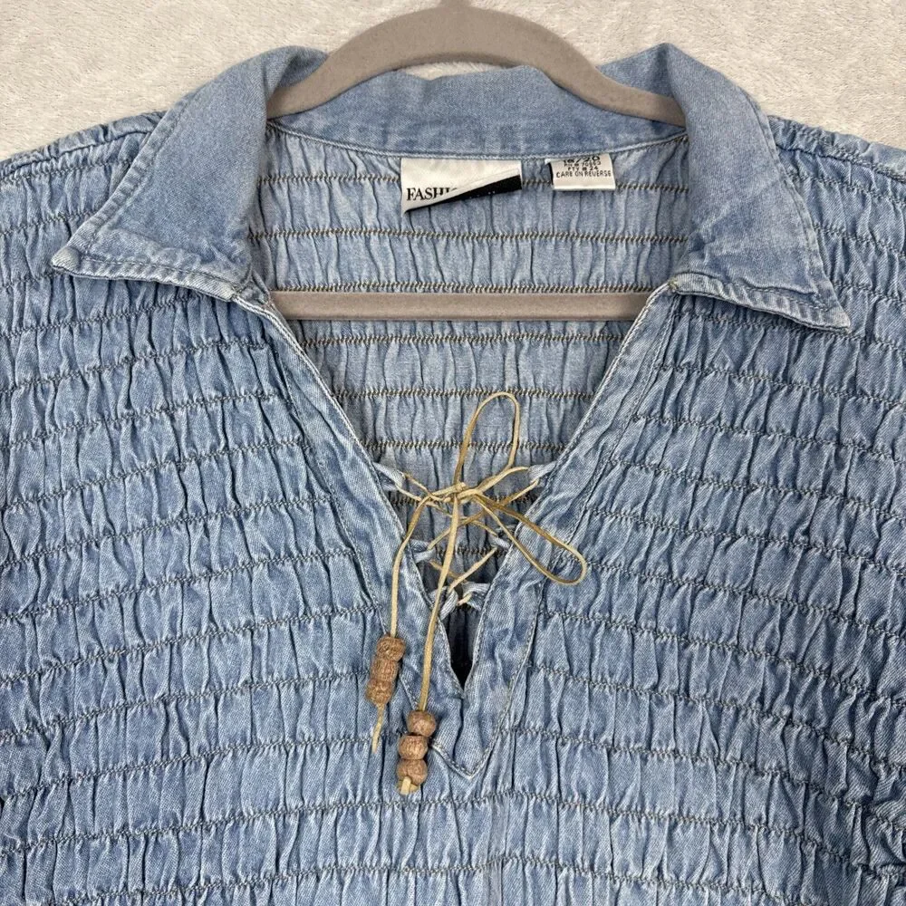 Vtg Fashion Bug Denim Top Women 18/20 Blue Jean Lace Up Boho Renaissance Prairie